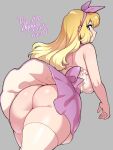  1girl agawa_ryou ass ass_focus back bangs blonde_hair blue_eyes bottomless breasts frilled_skirt frills from_behind from_below huge_ass large_breasts long_hair looking_at_viewer looking_back no_panties original skirt sleeveless solo thick_thighs thighhighs thighs upskirt 