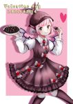  1girl animal_ears bird_ears bird_wings blush brown_dress brown_headwear brown_socks candy chocolate closed_mouth dated dress earrings feet_out_of_frame food frilled_dress frilled_sleeves frills hat heart heart-shaped_chocolate highres holding holding_chocolate holding_food jewelry kneehighs kyabekko long_sleeves mystia_lorelei pink_hair short_hair single_earring smile socks solo touhou valentine white_wings winged_hat wings yellow_eyes 