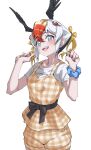  1girl absurdres belt bird_girl bird_wings black_belt black_bow black_hair blonde_hair blue_eyes blush bow commentary_request hair_between_eyes hair_bow head_wings highres kemono_friends kemono_friends_3 looking_at_viewer multicolored_hair open_mouth orange_hair orange_overalls overalls plaid_overalls scrunchie shirt short_hair short_sleeves smile solo t-shirt tanabe_(fueisei) tufted_puffin_(kemono_friends) white_hair white_shirt wings wrist_scrunchie yellow_bow 