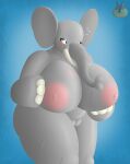  absurd_res anthro belly big_belly big_breasts big_butt big_ears big_pussy blue_eyes blush bodily_fluids breasts butt chubby_female elephant elephantid female genitals grey_body hand_on_breast hi_res huge_breasts looking_away mammal nervous nipples nude pawronica pink_nipples plump_labia proboscidean pussy shy simple_background solo sweat sweatdrop thick_thighs trunk tusks wide_hips 