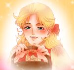  1girl basket blonde_hair blue_eyes blush commentary_request dress erina_pendleton hair_ribbon happy holding holding_basket jojo_no_kimyou_na_bouken long_hair long_sleeves mugicha_(zoro1132) phantom_blood picnic_basket puffy_sleeves ribbon smile solo sparkle 