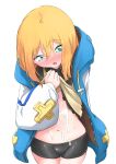  1boy aqua_eyes bike_shorts black_shorts blonde_hair blush bridget_(guilty_gear) covered_testicles guilty_gear guilty_gear_strive highres hood hooded_jacket hoodie jacket kiral_kuota male_focus medium_hair navel nose_blush open_clothes open_hoodie open_mouth otoko_no_ko pulque shorts simulated_bukkake stomach suggestive_fluid 