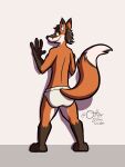  3:4 anthro barefoot briefs briefs_only brown_body brown_fur brown_hair butt canid canine clothed clothing feet fox fur hair hands_on_wall hi_res male mammal orange_body orange_eyes orange_fur otterdownunder signature simple_background smile solo tighty_whities topless underwear underwear_only wall_(structure) white_background white_briefs white_clothing white_underwear 
