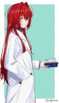  1girl absurdres ange_katrina blue_eyes book closed_mouth hair_between_eyes hair_intakes hand_in_pocket highres holding holding_book labcoat long_hair nijisanji open_book red_hair rinfamm simple_background solo twitter_username virtual_youtuber 