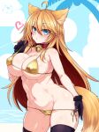  1girl ahoge animal_ears antenna_hair bangs beach bell bikini black_gloves black_thighhighs blonde_hair blue_eyes blue_sky blush breasts cat_ears cat_tail closed_mouth commentary_request cowboy_shot gloves gold_bikini hair_between_eyes heart large_breasts long_hair looking_at_viewer lowleg lowleg_bikini navel neck_bell ocean original side-tie_bikini_bottom sky swimsuit tail thighhighs thighs umaway underboob very_long_hair wet 