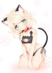  1girl :o ahoge animal_ear_fluff animal_ears animal_print bangs barefoot bell black_bra black_panties blonde_hair bra breasts cat_cutout cat_ears cat_girl cat_lingerie cat_panties cat_print cat_tail clothing_cutout collar collarbone commentary dot_nose female_child flat_chest floral_background frilled_bra frills green_eyes highres hosizora_mikoto idolmaster idolmaster_cinderella_girls kneeling legs light_blush looking_at_viewer low_twintails medium_breasts meme_attire messy_hair navel neck_bell panties pink_background print_panties red_collar solo stomach string_panties tail thighs twintails underwear yusa_kozue 