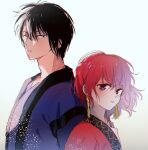  1boy 1girl akatsuki_no_yona back-to-back black_hair blue_eyes earrings hak_(akatsuki_no_yona) highres jewelry korean_clothes looking_at_viewer purple_eyes red_hair short_hair tassel tassel_earrings to_mi4922 white_background yona_(akatsuki_no_yona) 