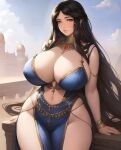  1girl ai-generated black_hair blue_dress breasts curvy dress highres huge_breasts looking_at_viewer midriff non-web_source thick_thighs thighs 