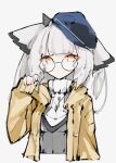  1girl arknights coat commentary_request error1980 hand_up high_collar highres long_hair looking_at_viewer low-cut open_clothes open_coat orange_eyes ptilopsis_(arknights) round_eyewear simple_background sleeves_past_wrists solo sweater white_background white_hair white_sweater 