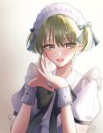 1girl alternate_costume blush commentary_request enmaided green_eyes green_hair highres idolmaster idolmaster_shiny_colors looking_at_viewer maid maid_headdress nanakusa_nichika neck_ribbon own_hands_together puffy_short_sleeves puffy_sleeves ribbon shimotsuki_niko shirt short_sleeves short_twintails simple_background smile solo striped striped_shirt twintails upper_body vertical-striped_shirt vertical_stripes wrist_cuffs 