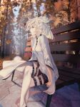  1girl a_zhendechibuxiale absurdres arknights autumn belt boots crossed_legs day elite_ii_(arknights) forest highres leaf long_sleeves looking_afar nature orange_eyes outdoors profile ptilopsis_(arknights) sitting solo thigh_boots white_hair 
