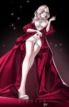  1girl absurdres artist_name bare_legs blue_eyes breasts dress full_body genshin_impact hand_up high_heels highres jewelry large_breasts long_hair necklace one_eye_covered parted_lips puffy_sleeves red_nails ringeko-chan signora_(genshin_impact) solo standing white_dress 