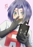  1other blush commentary_request crying gloves green_eyes heart highres james_(pokemon) male_focus pink_background pokemon pokemon_(anime) purple_hair rotom rotom_dex sparkling_eyes streaming_tears sufaaa0427 team_rocket tears 