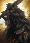  2022 anthro armor biped black_body black_fur blaidd_(elden_ring) blue_eyes canid canine canis cloak clothed clothing detailed_background digital_media_(artwork) digital_painting_(artwork) elden_ring endlen fromsoftware fully_clothed fur gauntlets gloves greatsword handwear holding_object holding_sword holding_weapon male mammal melee_weapon plate_armor solo sword weapon wolf 