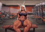  1girl abs absurdres animal_ears bangs bare_shoulders black_buruma black_sports_bra blurry blurry_background boku_no_hero_academia breasts buruma cleavage collarbone dark-skinned_female dark_skin grin gym highres indoors large_breasts long_eyelashes long_hair looking_at_viewer midriff mirko muscular muscular_female navel nyalinch obliques parted_bangs rabbit_ears rabbit_girl red_eyes sitting smile solo sports_bra steaming_body stomach sweat thick_thighs thighs twitter_username weight_bench white_hair 