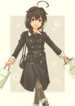  1girl absurdres ahoge bag black_dress black_hair black_pantyhose blue_eyes braid commentary_request dress feet_out_of_frame hair_flaps hair_ornament hair_over_shoulder handbag highres kantai_collection official_alternate_costume pantyhose pot-de shigure_(kancolle) shigure_kai_ni_(kancolle) shopping_bag single_braid solo walking 