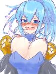  @_@ blue_hair blush bouncing_breasts breasts embarrassed harpie_oracle nasubi3632 nipples pointy_ears tears white_background yu-gi-oh! 