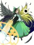  1girl arm_cannon bangs bird_wings black_hair black_sun black_wings bow cape center_frills collared_shirt commentary_request control_rod feathers flat_chest frilled_shirt_collar frilled_skirt frills full_body garakuta green_bow green_skirt grey_cape hair_bow long_hair looking_at_viewer open_mouth print_cape puffy_short_sleeves puffy_sleeves radiation_symbol red_eyes reiuji_utsuho shirt short_sleeves simple_background skirt smile solo starry_sky_print sun third_eye touhou very_long_hair weapon white_background white_shirt wings 