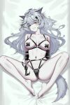  1girl :d animal_ears arknights arms_behind_back bare_legs barefoot bed_sheet black_panties blush breasts collarbone full_body grey_eyes grey_hair grin harness highres lappland_(arknights) large_breasts long_hair looking_back lying navel on_back on_bed oripathy_lesion_(arknights) panties parted_lips pasties scar scar_across_eye scar_on_face siguya smile solo spread_legs tail topless underwear very_long_hair wolf_ears wolf_girl wolf_tail 