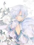  1boy akatsuki_no_yona bishounen blue_eyes closed_mouth facing_viewer flower gimmick-asahi kija_(akatsuki_no_yona) korean_clothes long_sleeves looking_to_the_side male_focus short_hair smile solo white_background white_flower white_hair 