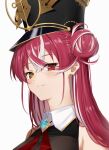  1girl absurdres blush closed_mouth eyes_visible_through_hair hair_bun hat heterochromia highres hololive houshou_marine long_hair looking_at_viewer multicolored_hair portrait red_eyes red_hair rinfamm shako_cap single_side_bun solo two-tone_hair virtual_youtuber white_hair yellow_eyes 