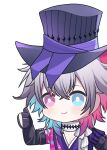  1girl aprob_(meme) black_gloves black_sleeves blue_eyes blue_hair bright_pupils gavis_bettel gloves gradient_hair grey_hair hat heterochromia highres holostars holostars_english meme multicolored_coat multicolored_hair pink_eyes pink_hair smile solo thumbs_up top_hat vertical-striped_coat virtual_youtuber white_pupils zerorespect_bot 