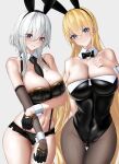  2girls animal_ears azur_lane between_breasts black_gloves black_leotard black_necktie black_shorts blonde_hair blue_eyes blush bow bowtie breasts brown_pantyhose cleavage covered_navel cowboy_shot detached_collar detached_sleeves fake_animal_ears fine_fabric_emphasis gloves gold_trim half_gloves hand_on_own_chest highres huge_breasts isonun large_breasts leotard light_smile long_hair looking_at_viewer mole mole_on_breast multiple_girls navel necktie necktie_between_breasts nontraditional_playboy_bunny north_carolina_(azur_lane) pantyhose playboy_bunny rabbit_ears short_hair_with_long_locks short_shorts shorts simple_background single_sleeve strapless strapless_leotard suspenders teeth very_long_hair washington_(azur_lane) white_background white_hair wrist_cuffs 