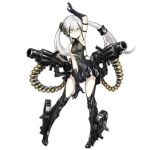  1girl ammunition_belt arm_strap arm_up armpits bangs bare_shoulders belt_feed black_dress black_footwear black_gloves black_hair black_theme boots breasts covered_navel crossed_bangs cyberpunk destroyer_(girls&#039;_frontline) dress full_body girls&#039;_frontline gloves grenade_launcher hair_between_eyes hair_ornament hair_tubes halterneck high_heel_boots high_heels infukun long_hair looking_at_viewer machinery multicolored_hair official_art open_hands pale_skin parted_lips photoshop_(medium) sangvis_ferri short_dress simple_background sleeveless sleeveless_dress small_breasts solo standing streaked_hair thigh_boots thighhighs thighs transparent_background twintails weapon white_hair yellow_eyes 