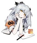 1girl animal_ears arknights armband dated elbows_on_table grey_hair head_on_hand head_rest head_tilt highres letter looking_at_viewer orange_eyes pen ptilopsis_(arknights) rhine_lab_logo shime52631 simple_background sketch solo white_background 