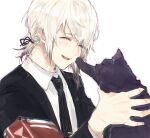  1boy animal black_cat black_jacket black_necktie blush cat closed_eyes collar_x_malice collared_shirt commentary_request facing_animal grey_hair holding holding_animal holding_cat jacket male_focus multicolored_hair necktie okazaki_kei open_mouth shirt short_hair smile solo sooooniiiii white_hair white_shirt 