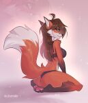  anthro blue_eyes bra breasts brown_hair butt canid canine clothed clothing dipstick_tail eyelashes female fluffy fluffy_tail fox fur hair hi_res kneeling lingerie looking_back mammal markings orange_body orange_fur panties pawpads rear_view skimpy solo tail tail_markings tlt_echelon underwear 