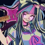  1girl artist_name asymmetrical_bangs bangs black_gloves black_hair black_nails black_sailor_collar blue_hair charmy-s-thing danganronpa_(series) danganronpa_2:_goodbye_despair ear_piercing eyelashes fingerless_gloves gloves grin guitar hair_horns holding holding_instrument horns instrument jewelry long_hair looking_at_viewer mioda_ibuki mouth_piercing multicolored_hair nail_polish neckerchief necklace one_eye_closed oni_horns piercing pink_hair pink_neckerchief purple_eyes purple_hair ring sailor sailor_collar salute shirt short_sleeves sidelocks smile solo sparkling_eyes spiked_ear_piercing striped striped_gloves teeth thick_eyelashes upper_body v-shaped_eyebrows white_hair white_shirt 