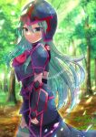  1girl armor bangs black_headwear black_thighhighs blurry blurry_background blush closed_mouth commentary_request commission day depth_of_field fire_emblem fire_emblem:_path_of_radiance from_side green_eyes green_hair hair_between_eyes helmet kou_hiyoyo long_hair looking_at_viewer looking_to_the_side nephenee_(fire_emblem) outdoors skeb_commission solo thighhighs tree vambraces very_long_hair 
