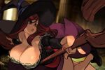  1girl alex_ahad bare_shoulders breasts cleavage detached_sleeves dragon&#039;s_crown dress hat huge_breasts lipstick long_hair makeup red_eyes red_hair signature solo sorceress_(dragon&#039;s_crown) staff witch_hat 