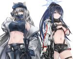  2girls absurdres animal_ears arknights bare_shoulders baseball_cap belt black_scarf black_shorts blue_archive blue_eyes blue_gloves blue_hair blue_headwear blue_pants blue_shirt breasts cat_ears cleavage coat commentary_request cosplay cowboy_shot crop_top crossbow ears_through_headwear fingerless_gloves gloves grey_coat grey_hair gun hat highres holding holding_crossbow holding_gun holding_weapon jacket kisumun large_breasts leggings long_hair long_sleeves looking_at_viewer mask midriff mouth_mask multiple_girls navel off_shoulder open_clothes open_coat open_jacket pants ponytail saori_(blue_archive) saori_(blue_archive)_(cosplay) scarf schwarz_(arknights) schwarz_(arknights)_(cosplay) shirt short_shorts shorts simple_background sleeveless sleeveless_shirt standing stomach thigh_strap thighs very_long_hair weapon white_background white_jacket yellow_eyes 