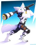  2023 absurd_res anthro arctic_fox biped blue_eyes canid canine clothed clothing digital_media_(artwork) epic_games fortnite fox fully_clothed fur hi_res leo-wolf male mammal pose smile solo tongue tongue_out weapon white_body white_fur winter_warrior_fennix 