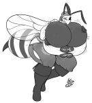  2022 anthro arthropod arthropod_abdomen bee big_breasts big_butt blush blush_lines breast_expansion breasts butt butt_expansion cleavage clothed clothing expansion female hand_on_breast hi_res huge_breasts huge_butt hymenopteran hyper hyper_breasts insect lunarspy monochrome one_eye_closed open_mouth signature simple_background solo text thick_thighs 