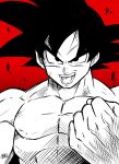 1boy absurdres clenched_hand commentary crosshatching dragon_ball dragon_ball_z hatching_(texture) highres liedein male_focus monochrome muscular muscular_male open_mouth pectorals red_background signature smile solo son_goku topless_male 