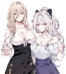  2girls aer007580 alternate_costume aponia_(honkai_impact) bangs blue_eyes bow braid breasts bronya_zaychik bronya_zaychik_(silverwing:_n-ex) cleavage closed_mouth collarbone dress fishnets grey_eyes grey_hair hair_between_eyes hair_bow hair_ornament height_difference high-waist_skirt high_ponytail highres honkai_(series) honkai_impact_3rd large_breasts long_bangs long_hair looking_at_viewer mole mole_under_eye multiple_girls multiple_hair_bows parted_lips ponytail simple_background skirt smile tall tall_female white_background 