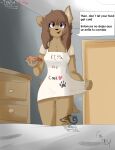  absurd_res anthro apron apron_lift aroused black_nose bottomless brown_body brown_hair canid canine canis clitoris clothed clothing clothing_lift corgee(tleatlnox59) detailed_background domestic_dog door female first_person_view fluffy food furniture genitals hair hi_res looking_at_viewer mammal one_ear_up pink_pussy purple_eyes pussy smile solo speech_bubble tail text tleatlnox59 vizsla 