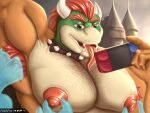  anthro armpit_hair biceps big_breasts big_nipples big_pecs body_hair bowser breasts collar detailed_background digital_media_(artwork) foxihfox fur game_console gaming hair hi_res holding_object huge_breasts koopa looking_at_viewer male mammal mario_bros muscular muscular_anthro muscular_male nintendo nintendo_console nintendo_switch nipples nude open_mouth outside pecs playing_videogame red_eyes scalie smile solo spikes switch_console 