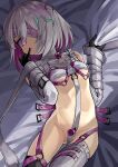  1girl absurdres asymmetrical_legwear bare_shoulders bed_sheet black_gloves breasts colored_inner_hair cowboy_shot crop_top dohna_dohna_issho_ni_warui_koto_o_shiyou elbow_gloves eyepatch finger_to_mouth gloves hair_ornament heart heart_hair_ornament highres layered_gloves looking_at_viewer lying multicolored_hair multiple_straps nama_cream_croquette on_back parted_lips pink_eyes pink_hair porno_(dohna_dohna) revealing_clothes sheet_grab short_hair small_breasts solo strap thighhighs white_hair 