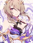  1girl aer007580 bangs bare_shoulders breasts brown_hair cleavage hair_ornament hair_over_one_eye highres honkai_(series) honkai_impact_3rd large_breasts looking_at_viewer mole mole_under_eye purple_eyes rita_rossweisse rita_rossweisse_(spina_astera) smile solo 