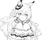  1girl animal_ears bangs blush chokin-bako_no_futa closed_mouth dress ear_ornament greyscale hair_between_eyes hands_up horse_ears long_hair looking_at_viewer monochrome satono_diamond_(umamusume) sleeves_past_fingers sleeves_past_wrists smile solo umamusume upper_body very_long_hair very_long_sleeves 