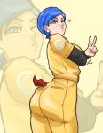  1girl ass blue_eyes blue_hair bulma commentary cowboy_shot dragon_ball dragon_ball_super dragon_ball_super_super_hero earrings english_commentary heart highres jacket jewelry kooj_artz looking_back one_eye_closed pants short_hair signature solo v yellow_jacket yellow_pants zoom_layer 