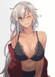  1girl bespectacled black_bra black_panties bra breasts cardigan cleavage collarbone dark_skin glasses grey_hair hair_down highres kantai_collection kasumi_(skchkko) large_breasts long_hair looking_at_viewer musashi_(kancolle) navel one_eye_closed open_cardigan open_clothes panties red_eyes simple_background smile solo tongue tongue_out underwear upper_body white_background 