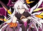  1girl aer007580 bangs breasts cleavage closed_mouth fur_collar gloves hair_between_eyes highres honkai_(series) honkai_impact_3rd kiana_kaslana kiana_kaslana_(herrscher_of_the_void) long_hair looking_at_viewer mechanical_wings medium_breasts orange_gloves outstretched_hand solo upper_body white_hair wings yellow_eyes 