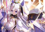  1girl bangs blue_eyes book breasts cape cleavage dress echocalypse floating highres holding jewelry large_breasts levia_(echocalypse) long_hair magic magic_circle mixyuto solo throne upper_body white_hair 