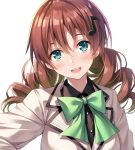  1girl bangs blush brown_hair commentary_request drill_hair emma_verde freckles future_parade_(love_live!) green_eyes hair_ornament long_hair looking_at_viewer love_live! love_live!_nijigasaki_high_school_idol_club musical_note musical_note_hair_ornament sidelocks smile solo tomo_wakui twin_drills upper_body white_background 