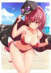  1girl bare_shoulders baseball_cap bikini black_headwear black_jacket blush breasts cleavage closed_mouth earrings halterneck hat heart heart-shaped_eyewear heart_earrings heart_necklace heterochromia high_ponytail highres hololive houshou_marine jacket jewelry kuma_king large_breasts long_hair looking_at_viewer navel necklace red_bikini red_eyes red_hair smile solo string_bikini sunglasses swimsuit twintails virtual_youtuber yellow_eyes 